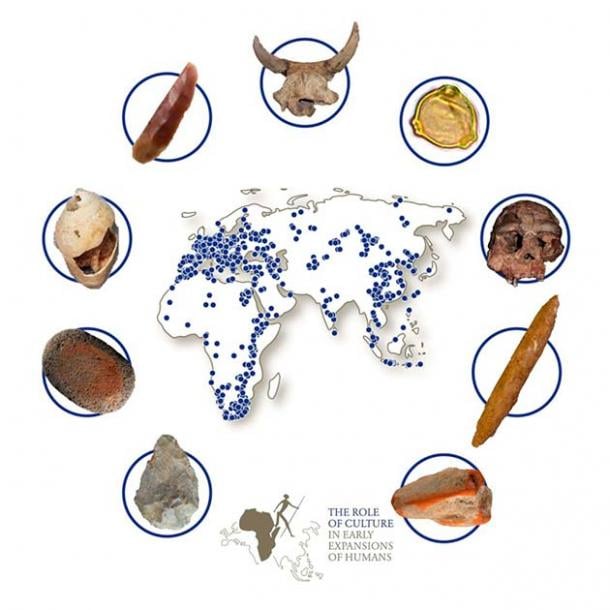 This map shows the distribution of African, Asian and European sites in ROAD. Examples of the different types of finds ROAD contains are shown clockwise from lower left: stone handaxe, grinding stone covered in red ochre, shell ornament, stone projectile point, bovid skull, pollen grain, human cranium, double bone point, and piece of orange ochre. (Objects not shown to scale). (Christian Sommer (ROCEEH)/Tuebingen University)