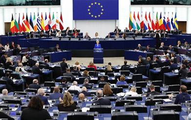 European Commission President Ursula von der Leyen speaks during a debate on the attacks by Hamas against Israel and the humanitarian situation in Gaza, at the European Parliament in Strasbourg, France, on October 18, 2023. (Frederick Florin/AFP)